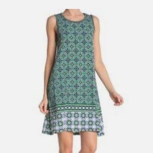 Max Studio Women’s Sleeveless Green and Blue Geometric Patterned Trapeze Dress L